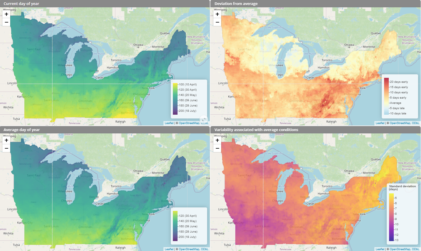 Screenshot of the thermal calendars tool displaying 4 maps with information about growing degree days. 