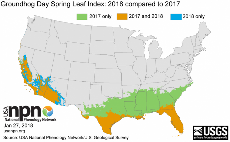 Comparison of Groundhog Day Spring Leaf Index in 2018 and 2017