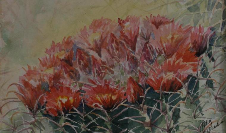 Painting of a barrel cactus in flower